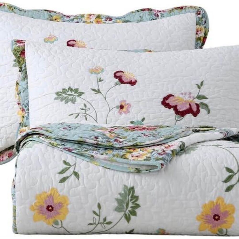 vctops 3-Piece Elegant Floral Embroidered Bedspread Coverlet Set Oversize Queen